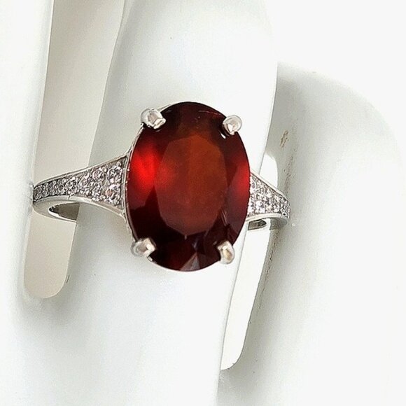 925 Sterling Silver Ring with Natural  Hessonite Garnet Gem & CZ - Picture 3 of 16